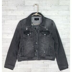 Women's Risen The‎ New Essentials Distressed Gray Black Denim Jean Jacket Sz M